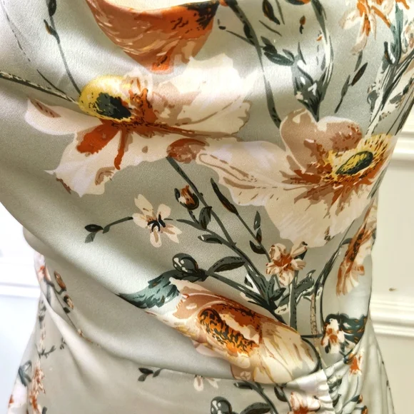 Cider Green Satin Multicolor Floral  Asymmetrical Midi Slip Dress,Medium,NWT - Picture 4 of 16